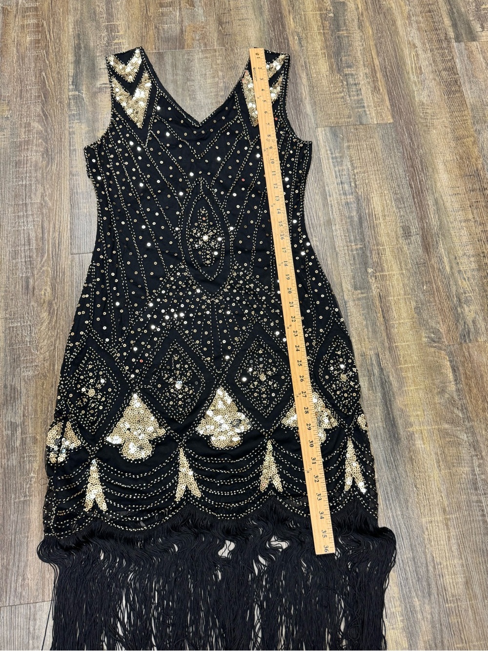 Black & Gold Beaded Fringe Evening Dress M - Picture 11 of 16